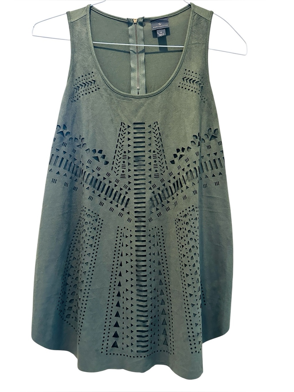 Worthington Women Ms. Sueded Cut Out Front Tank Top M Green Geometric Boho West